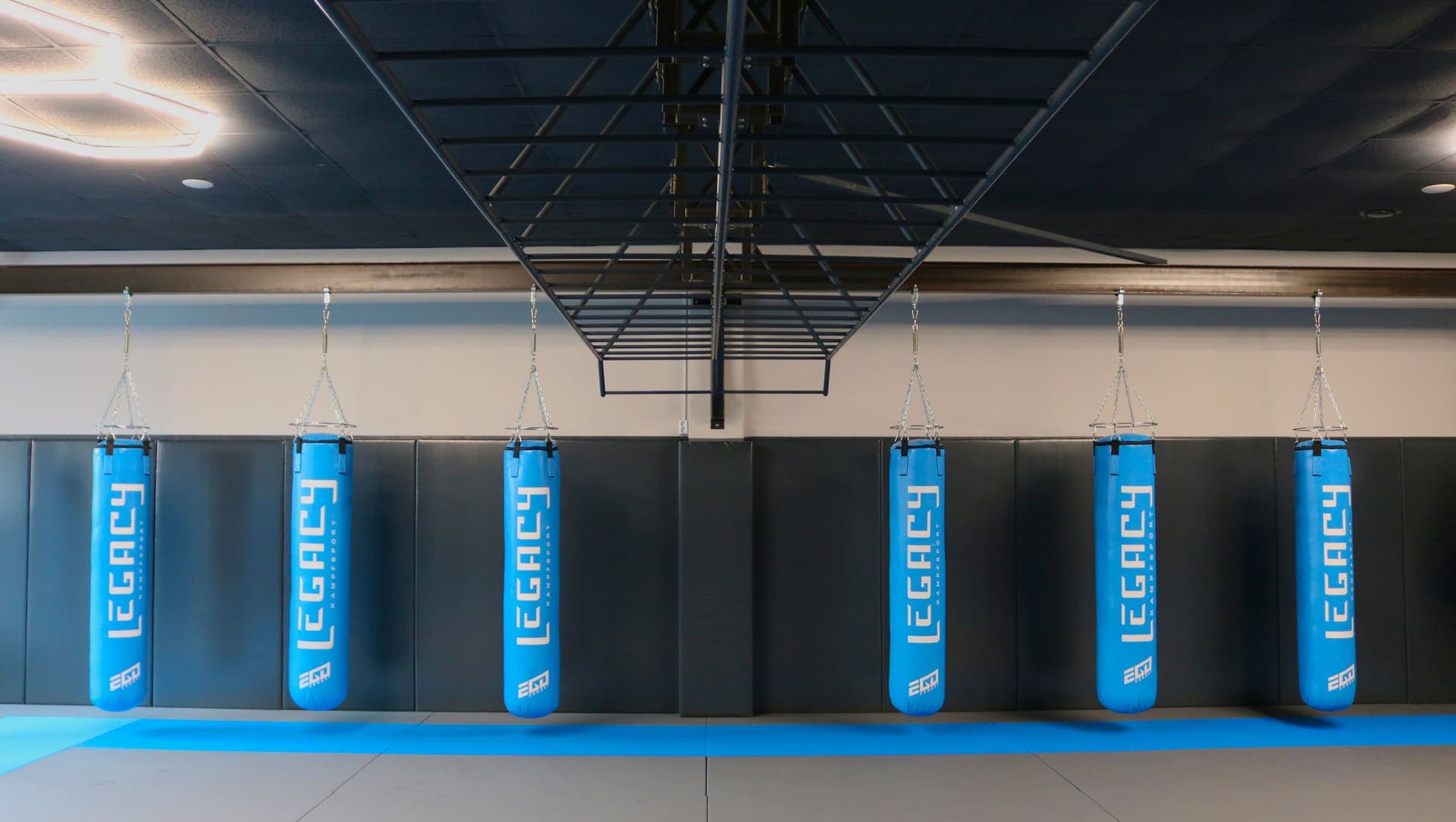 Blaue Legacy-Sandsäcke unter der Calisthenics-Konstruktion in der Grappling-Halle